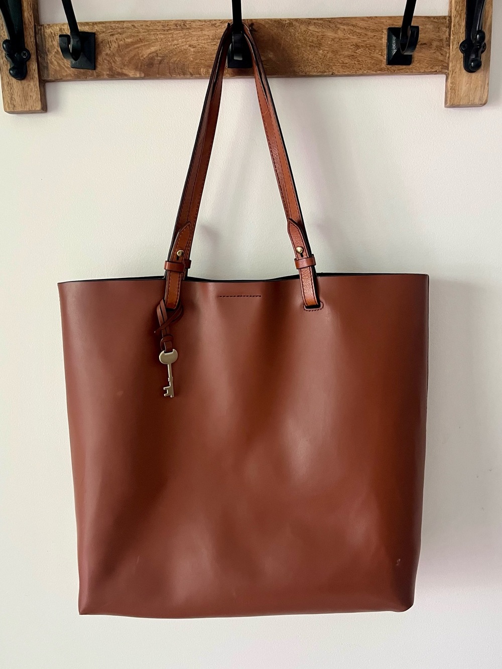 Fossil Brown Leather Large Tote Bag Minimalist Shopper Carryall